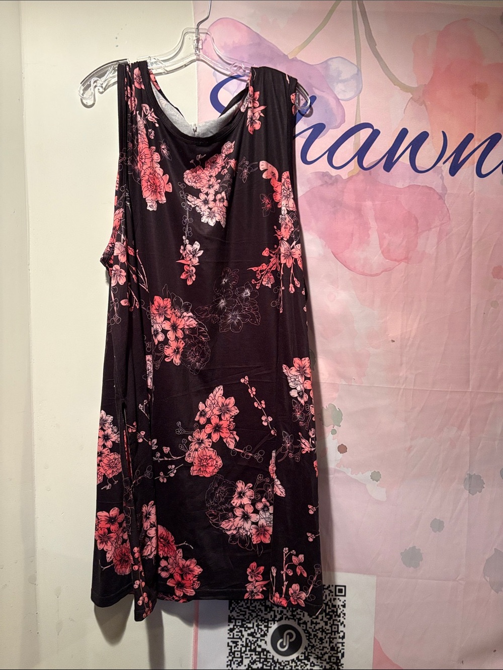 Black Floral Sleeveless Midi Dress with Pink Blossoms